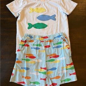 Kids Fish Print Matching Set - White Tee & Light Blue Shorts